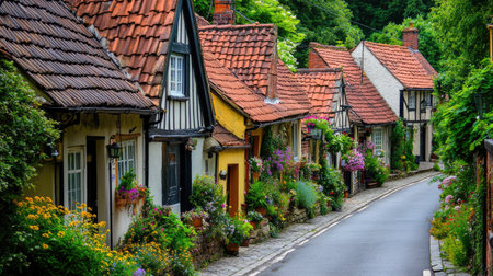 A row of cozy cottages lining a quiet village street, framed by lush greenery and colorful flowers.の素材