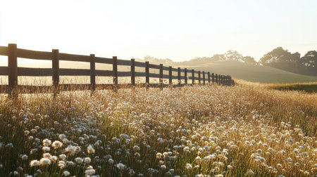 A rural flower field bordered by tall grasses and lined with wooden fences under a clear sky.の素材