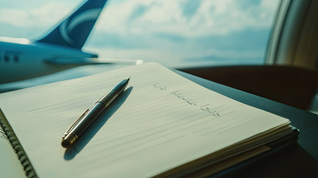 A travel journal with a pen and a blank checklist, ready for writing down future travel goals.の素材