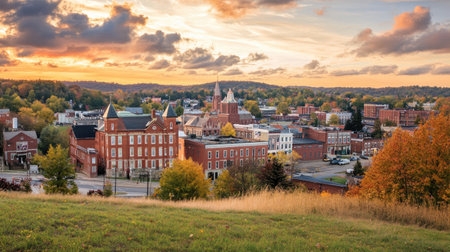 Panoramic cityscape bathed in golden hour light, highlighting architectural details.の素材