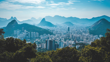 Distant view of a city surrounded by mountains under a hazy blue sky, with room for text.の素材