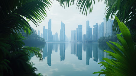 Reflections of a city skyline on a glassy lake, framed by lush greenery in the foreground.の素材