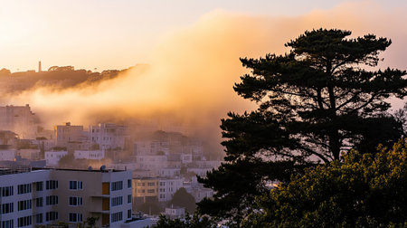 Panoramic cityscape bathed in golden hour light, highlighting architectural details.の素材