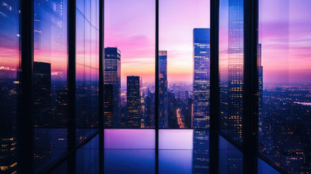 Twilight city view with glowing streetlights and reflections on glass towers under a vibrant purple sky.の素材