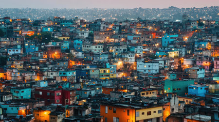 View of a densely packed city at dusk, with thousands of twinkling lights on buildings.の素材