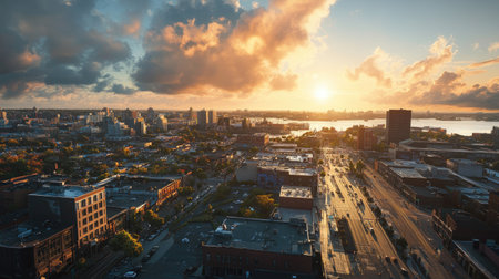 Rooftop view of a bustling downtown area with urban buildings and open sky space for copy.の素材