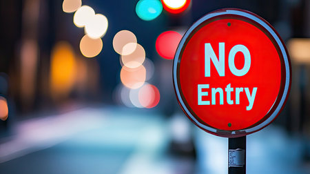 A clean shot of a red and white road sign with a No Entry symbol, placed against a blurred city street, providing space for text.の素材
