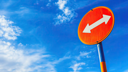 A close-up of a vibrant traffic sign with clear instructions, set against a blue sky, offering ample copy space on the side.の素材
