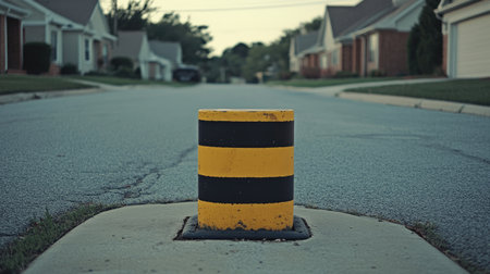 A close-up shot of a speed bump warning sign on a quiet suburban street with plenty of empty space for copy.の素材