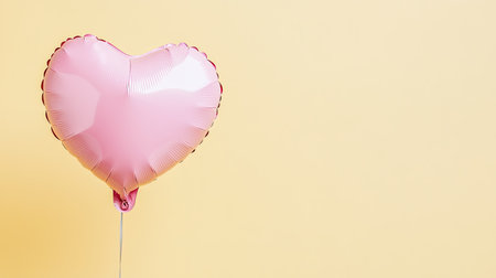 A close-up of a single pink heart balloon, floating freely against a pale yellow backdrop.の素材