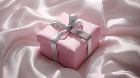 A delicate pink gift box tied with a silver ribbon, set against a soft white fabric background.の素材
