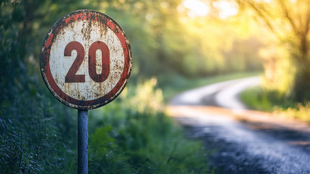 A detailed shot of a speed limit sign on a rural road with a blurred background of green countryside, perfect for adding text.の素材