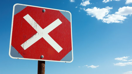 A clean view of a traffic sign with an intersection symbol, set on an empty highway with open skies, ready for captions.の素材