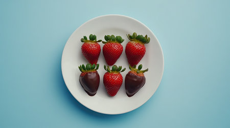 A plate of chocolate-dipped strawberries, placed against a minimalistic backdrop.の素材