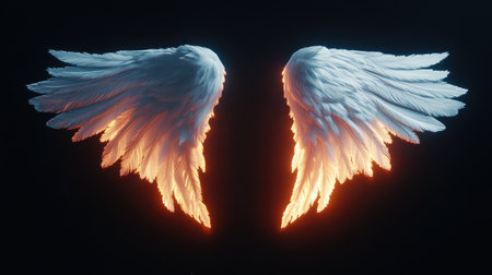 A pair of Cupid's wings, elegantly positioned with soft light shining from behind, creating a warm glow.の素材