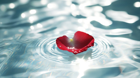A rose petal floating on clear water with soft ripples and highlights.の素材