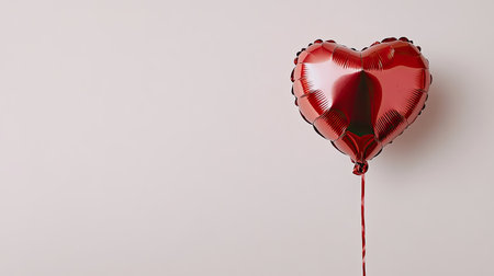 A single heart balloon in metallic red, tied with a ribbon, hovering against a white background.の素材