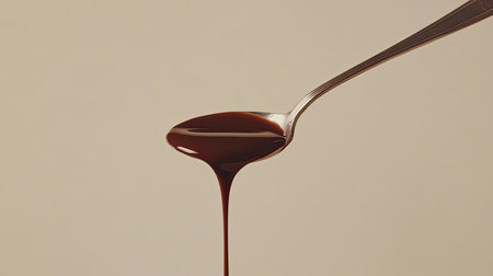 A smooth layer of molten chocolate dripping from a spoon against a neutral backdrop.の素材