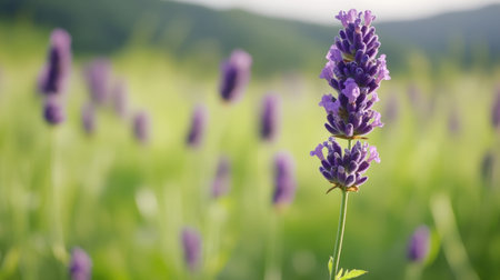 A single lavender rose in focus with a blurred natural green background.の素材