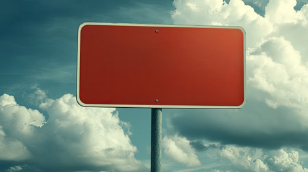 A vibrant red warning road sign with clear symbols, standing against a cloudy sky, leaving ample space for text or branding.の素材