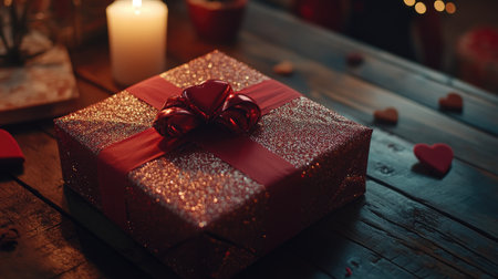 A Valentine's gift wrapped in glittery paper, placed on a wooden surface with candlelight.の素材