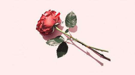 A single red rose stem crossing diagonally over a pale pink background.の素材