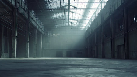 An empty, industrial warehouse with high ceilings and open floor space, ideal for adding dynamic visuals or product shots.の素材