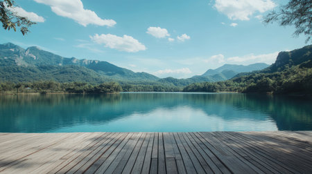 An empty wooden deck overlooking a tranquil lake, surrounded by nature and space for any artistic content or visual project.の素材