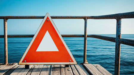 A blank warning triangle sign on a windy bridge, with deep blue waters and open skies behind, offering space for public safety visuals.の素材