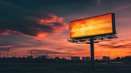 An empty, large outdoor sign in the middle of an open field under a vivid sky, perfect for showcasing advertisements.の素材