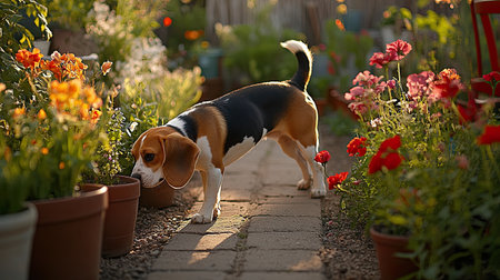 A Beagle dog sniffing around a garden, its tail held high and nose close to the ground, exploring its surroundings with keen interest.の素材