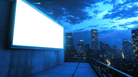 A large, blank digital display on the side of a building, with a cityscape in the background, ideal for digital advertising.の素材