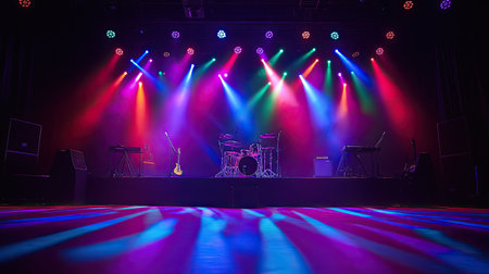 A colorful pop music stage with lighting effects shining on drums and guitars, setting the stage for a dynamic and energetic performance.の素材