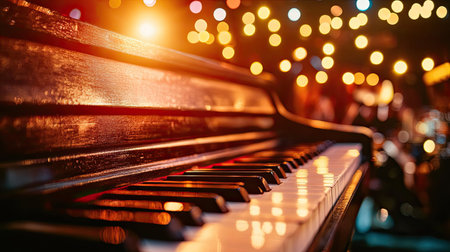 A close-up of a piano keyboard on stage, bathed in colorful stage lights, hinting at an upcoming music performance with the soft glow of the venue in the background.の素材