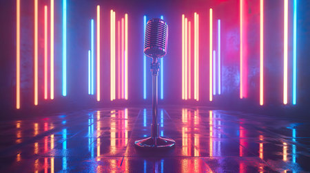 A close-up of a shiny microphone stand on a pop music stage, with vibrant neon lights reflecting off the surface, creating a dynamic and colorful atmosphere.の素材