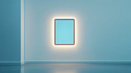 A digital touch screen panel on a clean white wall, with a bright background and room for virtual interactions or creative visuals.の素材