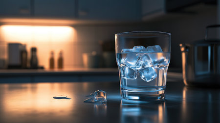 A glass of water with ice cubes on a sleek kitchen counter, illuminated by soft light, creating a modern and refreshing feel with plenty of copy space.の素材