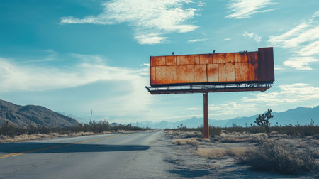A clean, vast billboard beside a deserted road stretching into the horizon, offering an ideal space for large advertisements.の素材