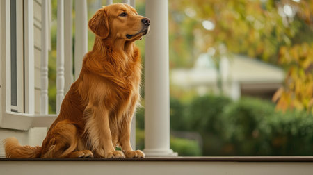 A Golden Retriever dog sitting on a porch, looking out into the distance with its tail relaxed and a peaceful expression on its face.の素材