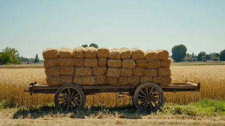 A rustic wheat harvest scene, with bundles of wheat stacked together on a wooden cart under a clear, bright sky.の素材