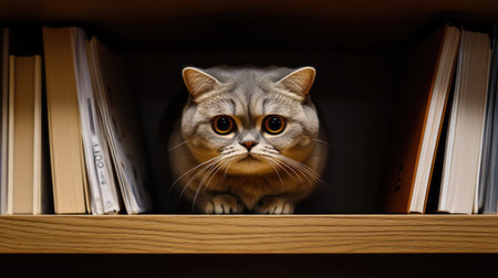 A Scottish Fold cat perched on a high shelf, looking down with its round eyes and folded ears, creating an elegant and calm pet moment.の素材
