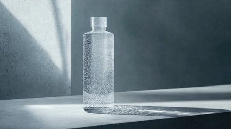 A sleek glass water bottle on a clean white table with condensation droplets, illuminated by soft light, emphasizing the freshness and clarity of the water inside.の素材