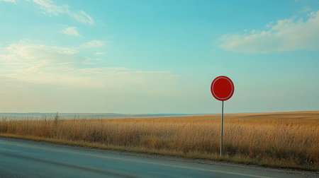 A reflective caution sign on a busy highway, set against the backdrop of a bright blue sky and a vast open field for clear visibility.の素材