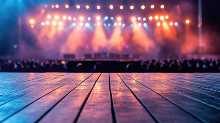 A view of an outdoor concert stage with bright lights and the audience area in the foreground, creating anticipation for an exciting live music event.の素材
