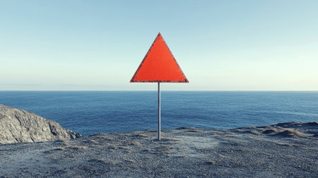 Large empty triangular warning sign by a cliff's edge overlooking the ocean, perfect for promoting safety in hazardous environments.の素材