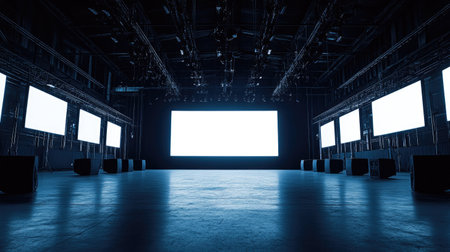 A wide shot of a concert stage with large subwoofers and a wall of lighting panels, set against a dark background, building excitement for the upcoming show.の素材