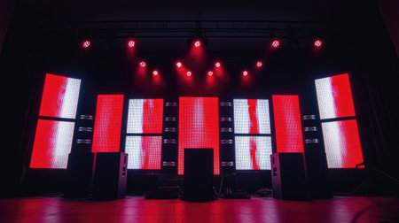 A wide shot of a concert stage with large subwoofers and a wall of lighting panels, set against a dark background, building excitement for the upcoming show.の素材