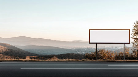 Large, unoccupied sign frame beside a mountain range with clear skies and scenic views, ideal for business advertisements.の素材