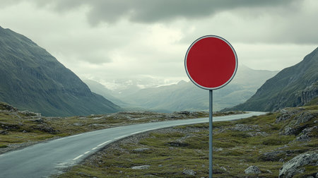 Blank road sign with a reflective surface, on a mountain road curve.の素材