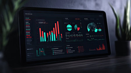 Shopee data dashboard showcasing trend indicators, sales performance, and pie charts on a dark interface, with ample room for copy.の素材